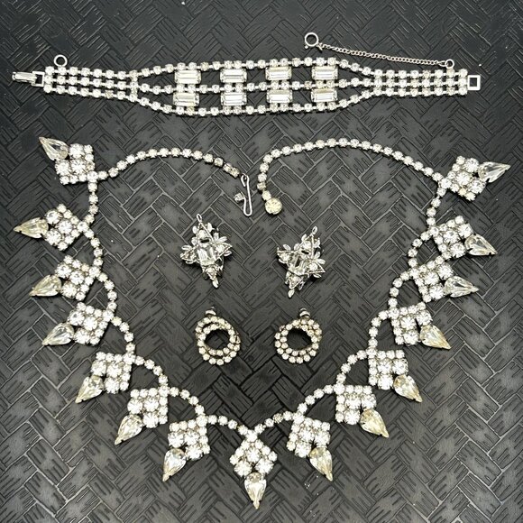 Vintage Rhinestone Jewelry Set Necklace Bracelet Earrings Bridal Prom Formal - Picture 1 of 12